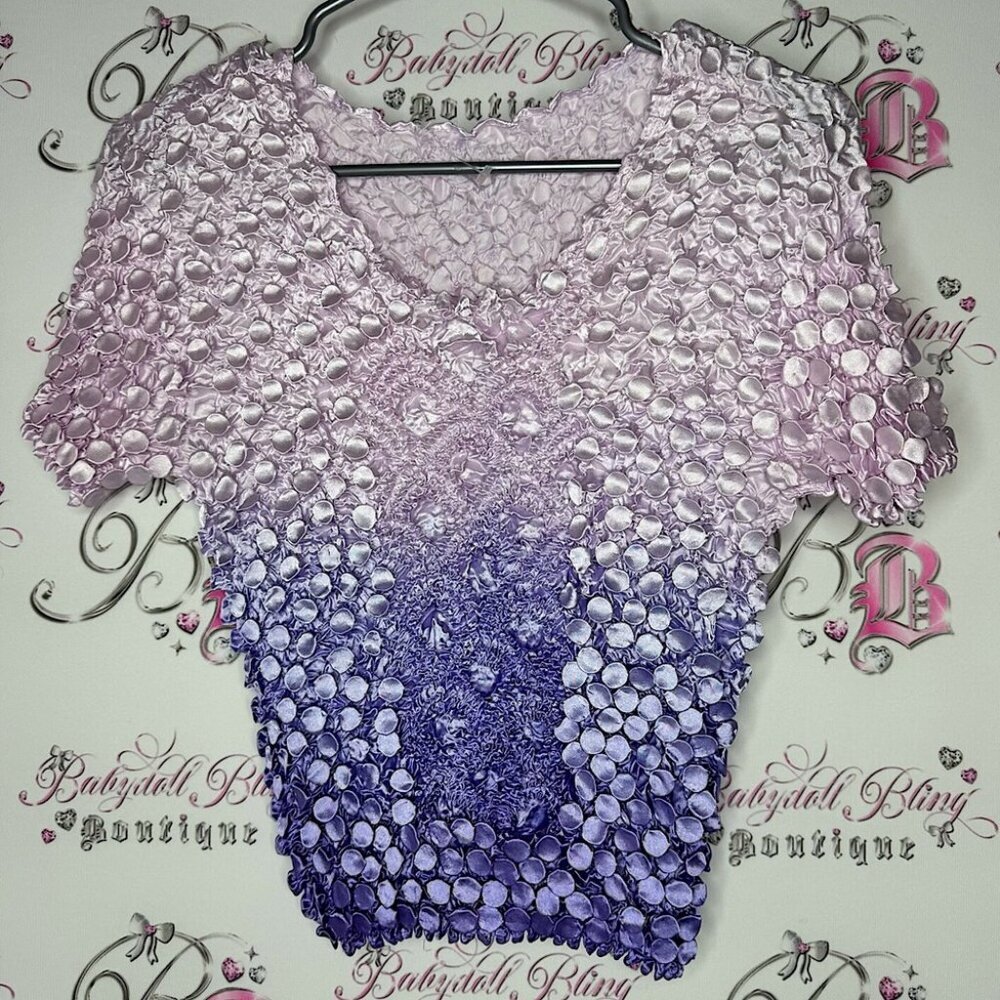 Bubble top y2k Purple & white ombré shirt one size fits all floral ruffle shiny
